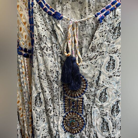 Sundance WANDRESS Pullover Peasant Boho Top Blouse White Blue Tassels Large - Picture 6 of 10